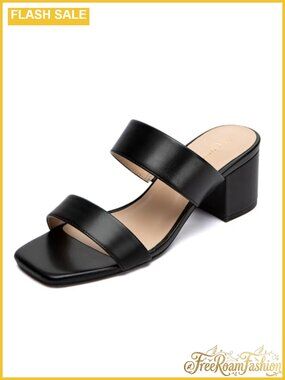 Women's Two Strap Square Toe Heeled Sandals 2 Inch Chunky Block Heels Slip On